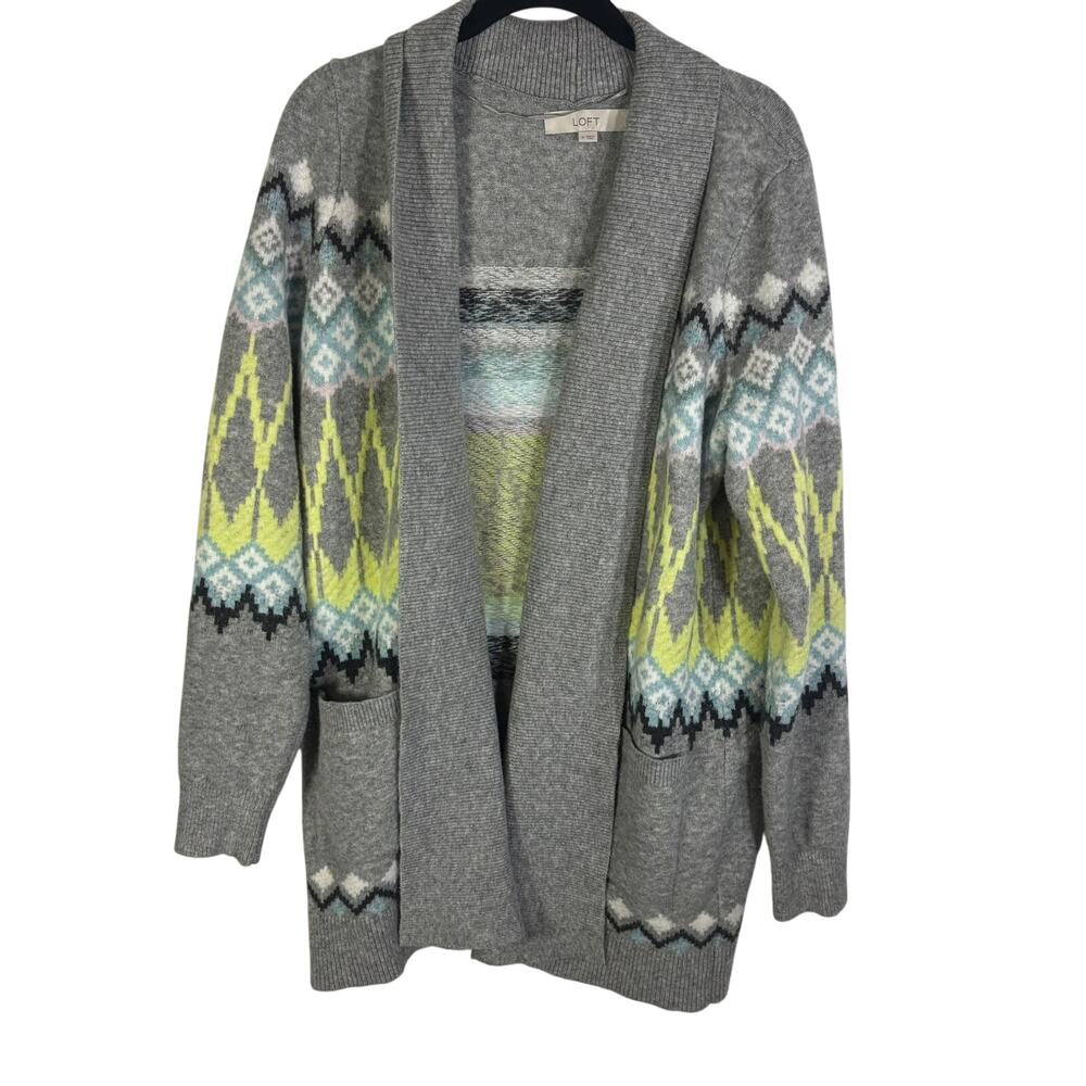 LOFT Womens M Gray Fair Isle Nordic Open Front Long Cardigan Sweater Pockets
